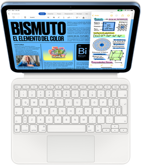 iPad conectado a un Magic Keyboard Folio, la pantalla muestra Slide Over con Pages y la app Notas