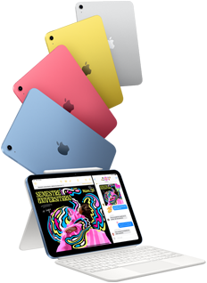 Modelos de iPad en azul, rosa, amarillo y color plata, y un iPad conectado a un Magic Keyboard Folio con un Apple Pencil