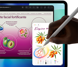 iPad Pro, parte frontal, pantalla con un fondo degradado azul oscuro y verde con varias apps abiertas, una mano sostiene un Apple Pencil Pro que dibuja un círculo y muestra la funcionalidad de Apple Intelligence Imagen Mágica