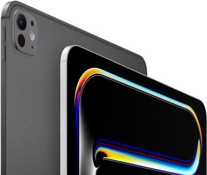 iPad Pro, parte lateral posterior, negro espacial, botones de volumen y sistema de cámaras Pro, iPad Pro, parte lateral frontal, color plata, esquinas redondeadas, marco de la pantalla negro, la pantalla muestra un fondo negro con arte lineal de muchos colores