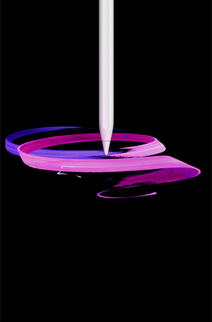 Apple Pencil Pro, parte frontal, posición vertical, parte lateral, blanco, dibujando un diseño abstracto de cintas en morado y rosa