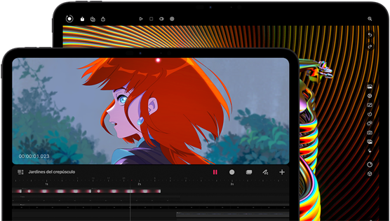 iPad Pro de 13 pulgadas y iPad Pro de 11 pulgadas, parte frontal, posición horizontal, negro espacial, esquinas redondeadas, marco de la pantalla negro, la pantalla de 11 pulgadas muestra una imagen en vibrantes colores de un personaje con el pelo rojo, la pantalla de 13 pulgadas muestra elementos coloridos de interfaz de edición de fotos