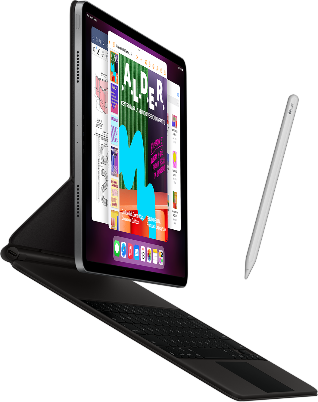 Vista lateral de un iPad Pro con un Smart Keyboard Folio y un Apple Pencil.