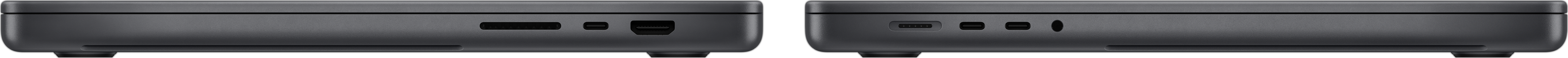 Vista lateral de una MacBook Pro que muestra una ranura para tarjeta SDXC, tres puertos Thunderbolt 4, un puerto HDMI, un puerto de carga MagSafe 3 y una entrada para audífonos.