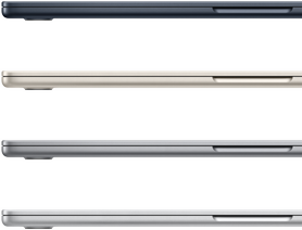 Cuatro laptops MacBook Air cerradas que muestran los acabados disponibles: medianoche, blanco estelar, gris espacial y color plata