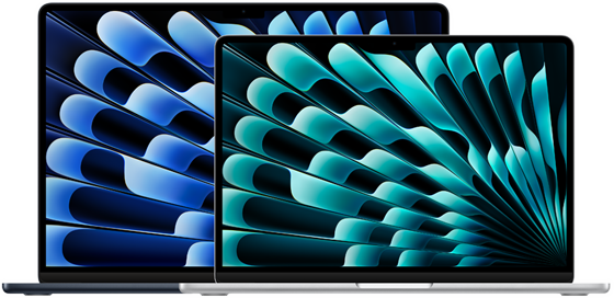 Modelos de MacBook Air de 13 pulgadas y 15 pulgadas de frente que destacan los tamaños de las pantallas (medidas en diagonal)