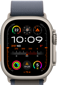 Un Apple Watch Ultra 2 con una correa Alpine azul que muestra una complicación con GPS, temperatura, brújula, altitud y datos de fitness