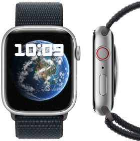 Vista frontal y lateral del nuevo Apple Watch neutro en carbono.