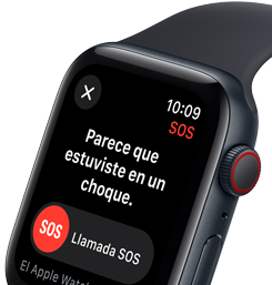 Pantalla de un Apple Watch SE con Detección de Choques y el botón Emergencia SOS