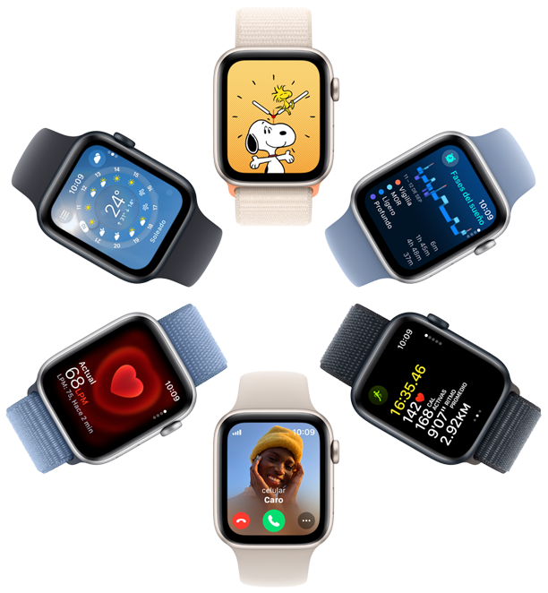 Imagen que muestra la vista cenital de las pantallas de seis Apple Watch SE con un fondo de pantalla de Snoopy, datos de la app Sueño, métricas de la app Entrenamiento, una llamada entrante, una medición de frecuencia cardiaca y la app Clima.