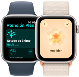 Dos modelos de Apple Watch SE. Uno muestra la app Atención Plena en la pantalla y Estado Mental resaltado. El otro muestra la selección 
