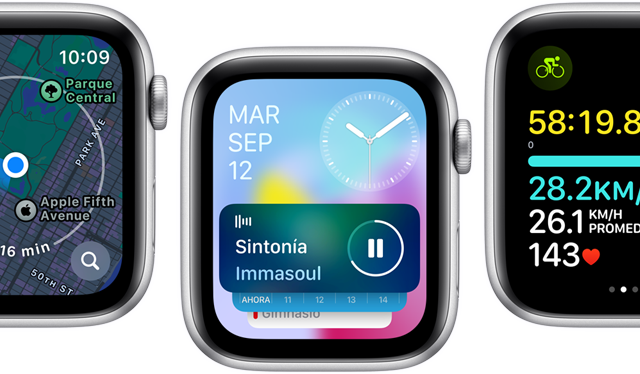Vista frontal de pantallas del Apple Watch SE con varias pantallas de apps actualizadas.