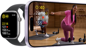 Un Apple Watch junto a un iPhone con una clase de Apple Fitness+ en la pantalla