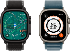 Dos dispositivos Apple Watch Ultra 3, uno muestra mapas y el otro muestra la funcionalidad Retornar con la brújula, la altitud y puntos de referencia marcados