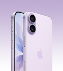iPhone 17, color lavanda, parte trasera en ángulo, sistema de dos cámaras Fusion en la parte superior izquierda, botón de Control de la Cámara, parte frontal, diseño todo pantalla, Botón de Acción, botones de volumen, y botón lateral