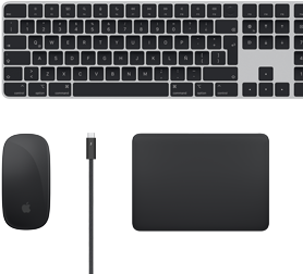 Vista desde arriba de accesorios para la Mac: Magic Keyboard, Magic Mouse, Magic Trackpad y cables Thunderbolt.