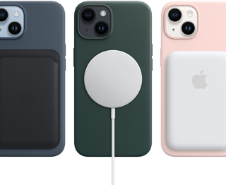 Fundas MagSafe para el iPhone 14 en color medianoche, verde pino y rosa vintage con accesorios MagSafe que incluyen una cartera, un cargador y una batería.