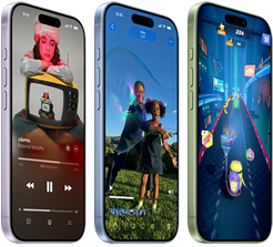 Dispositivos iPhone 17, parte frontal, parte lateral, que muestran Apple Music, inteligencia visual, juegos, botones: Botón de Acción, volumen