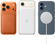 iPhone 17 Pro, parte posterior, color naranja cósmico, con una cartera de FineWoven con MagSafe en naranja zorro; iPhone Air, parte posterior, color oro claro, con batería Magsafe; iPhone 17, parte posterior, color azul neblina, con funda de silicón color azul ancla y cargador MagSafe