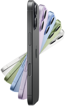 iPhone 17, parte lateral, cinco colores: negro, lavanda, azul neblina, salvia y blanco.