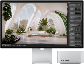 Vista delantera de un Studio Display junto a una Mac Studio