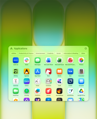 Pantalla de una MacBook Neo con la ventana Apps que contiene una gran variedad de apps