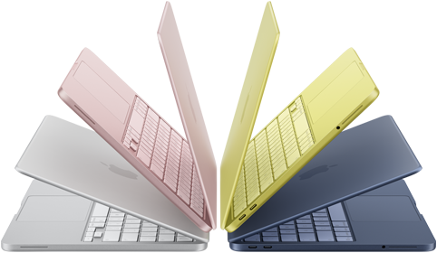 Laptops MacBook Neo en color plata, rosa rubor, amarillo cítrico e índigo, levemente abiertas y acomodadas en forma de arco
