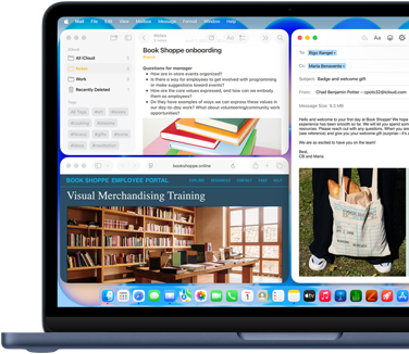 MacBook Neo, color índigo, la pantalla muestra un email de bienvenida para alguien que recién empezó a trabajar en una librería, unas ventanas en mosaico contienen un archivo de Notas sobre la incorporación y el sitio web del portal para empleados de la librería en Safari