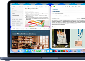 MacBook Neo, color índigo, la pantalla muestra un email de bienvenida para alguien que recién empezó a trabajar en una librería, unas ventanas en mosaico contienen un archivo de Notas sobre la incorporación y el sitio web del portal para empleados de la librería en Safari