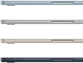 Parte lateral de cuatro laptops MacBook Air que muestran cuatro acabados diferentes