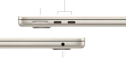 Lado izquierdo de una MacBook Air cerrada, con el puerto MagSafe y dos puertos Thunderbolt, y lado derecho con la entrada para audífonos