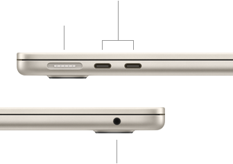 Lado izquierdo de una MacBook Air cerrada, con el puerto MagSafe y dos puertos Thunderbolt, y lado derecho con la entrada para audífonos