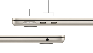 Lado izquierdo de una MacBook Air cerrada, con el puerto MagSafe y dos puertos Thunderbolt, y lado derecho con la entrada para audífonos