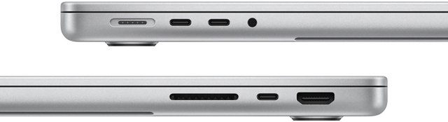 Vista lateral de los puertos de una MacBook Pro de 14 pulgadas con chip M3 Pro: lado izquierdo, puerto MagSafe, dos puertos Thunderbolt 4 y entrada para audífonos; lado derecho, ranura para tarjeta SDXC, un puerto Thunderbolt 4 y un puerto HDMI