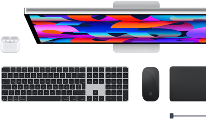 Accesorios para la Mac: AirPods, Studio Display, Magic Keyboard, Magic Mouse, Magic Trackpad, cable de carga MagSafe en negro espacial