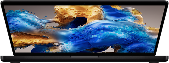 Una MacBook Pro parcialmente abierta muestra una colorida pantalla