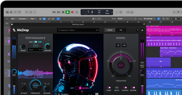 Contenido en pantalla que muestra el software MicDrop usando funcionalidades de IA para editar una grabación de voz en una MacBook Pro