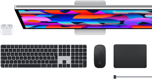 Accesorios para la Mac: AirPods, Studio Display, Magic Keyboard, Magic Mouse, Magic Trackpad, cable de carga MagSafe en negro espacial