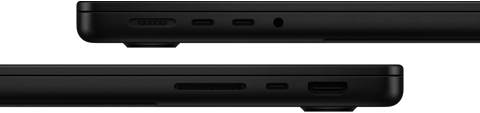 Vista de los puertos de la MacBook Pro, lado izquierdo: MagSafe 3, dos puertos Thunderbolt y entrada para audífonos, lado derecho: ranura para tarjeta SDXC, un puerto Thunderbolt y puerto HDMI