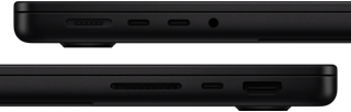 Vista de los puertos de la MacBook Pro, lado izquierdo: MagSafe 3, dos puertos Thunderbolt y entrada para audífonos, lado derecho: ranura para tarjeta SDXC, un puerto Thunderbolt y puerto HDMI
