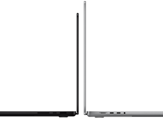 MacBook Pro de 14 pulgadas y de 16 pulgadas colocadas una contra otra, para mostrar la diferencia de tamaño y destacar el perfil delgado