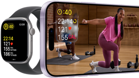 Un Apple Watch junto a un iPhone con una clase de Apple Fitness+ en la pantalla