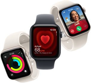 Tres Apple Watch SE 3 flotando uno al lado del otro