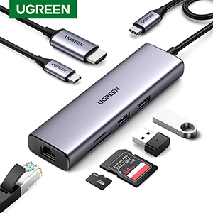 Adaptador Ugreen 90568 USB C a 2USB 3.0 HDMI RJ45 SD-TF PD