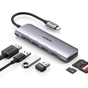 Adaptador Ugreen 20956A, 6 a 1, USB C a HDMI 3USB 3.0 SD-TF
