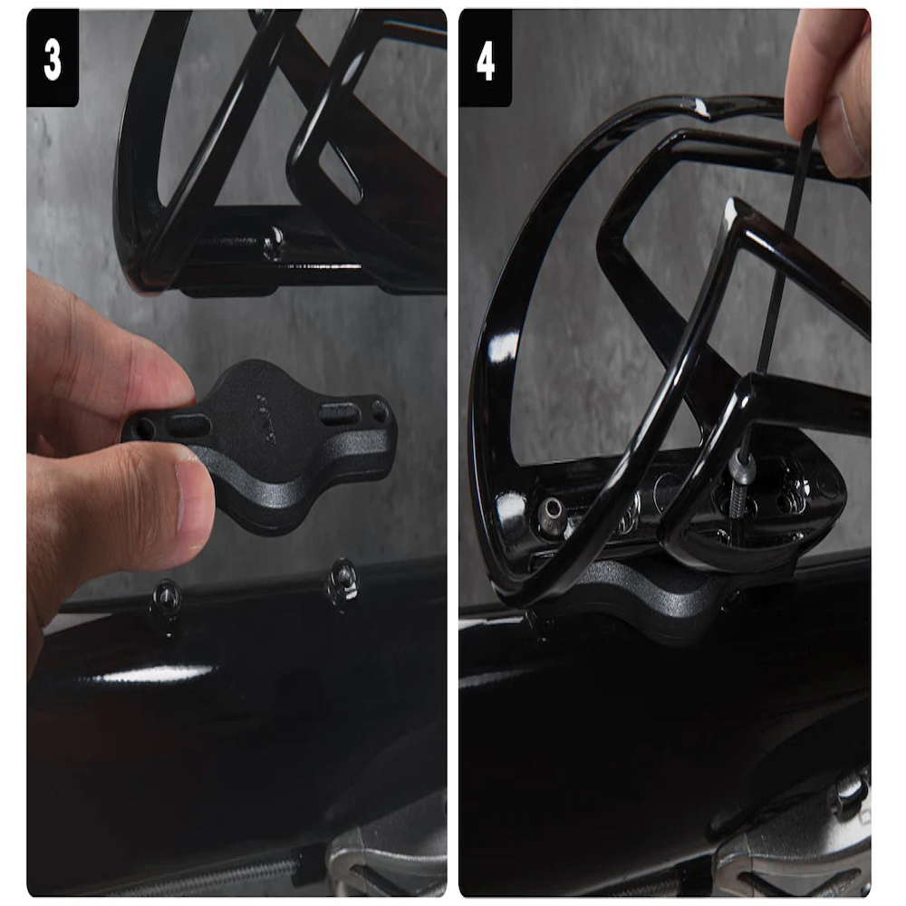 BOTTLE MOUNT es un soporte AirTag que se monta en los puntos de fijación de la botella de agua del cuadro de la bicicleta y puede caber debajo de un portabidón estándar. Las dos partes se atornillan y se unen directamente al cuadro de la bicicleta para crear una carcasa segura para su AirTag.