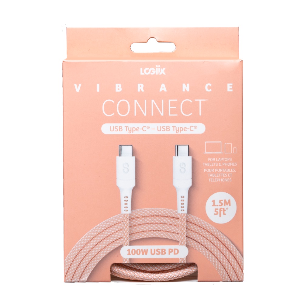 LOGiiX VIBRANCE Connect™ es un cable trenzado de 1,5 m (~5 pies) de largo que ofrece funcionalidad dual de sincronización y carga. Los conectores reforzados que alivian el estrés evitan que se deshilache y se rompan, al mismo tiempo que agregan un toque de color a su tecnología. VIBRANCE Connect ™ se puede usar tanto con Mac como con PC y le permite cargar su dispositivo hasta 100 W, 3 veces más rápido que un cable de carga normal.