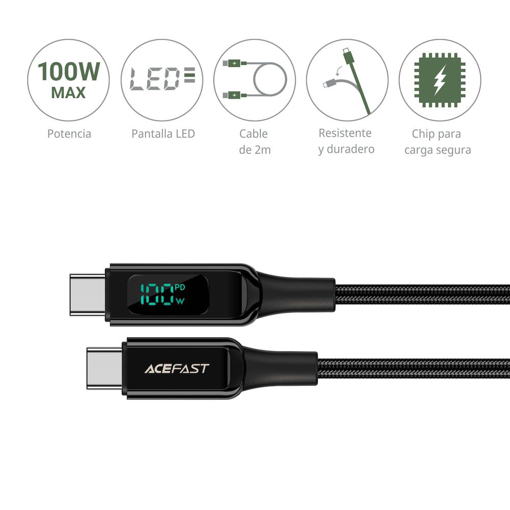 cable acefast 6974316281054 usb-c con indicador de carga 100 w negro  