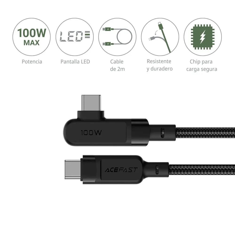 Comprar cable acefast 6974316281016 usb c a usb c angulo recto 100w 2 m negro | MacStore Online