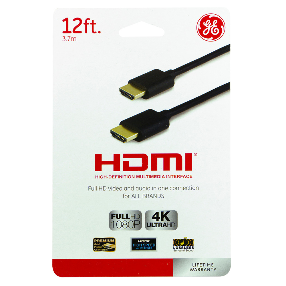 Conecte fácilmente sus dispositivos compatibles con HDMI, como sus reproductores de DVD / Blu-ray, decodificadores de cable y satélite y consolas de juegos a su HDTV con el cable HDMI de GE. Este cable le permite ver videos en Full HD para todas las marcas en una sola conexión. Para televisores de alta definición, este cable está certificado para 1080p Full HD y 4K Ultra HD (cuando corresponda). Los conectores enchapados en oro proporcionan la señal de la más alta calidad para los equipos de audio y video digital actuales. Este cable HDMI también es compatible con Deep Color y es compatible con 3D para una experiencia de visualización superior. El sonido envolvente de 5.1 y 7.1 canales es compatible y el 10.2 Gbps proporciona una conexión de alta velocidad superior. El cable presenta una sencilla aplicación plug-and-play y tiene un diseño flexible para satisfacer sus necesidades.